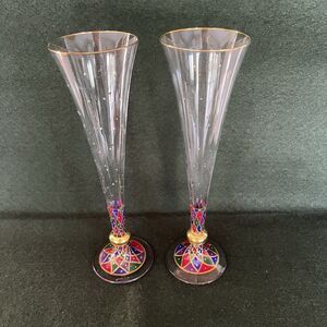 VTG 2 Pier 1 Imports Harlequin Stem Champagne Flute Hand Painted Venetian Mardi